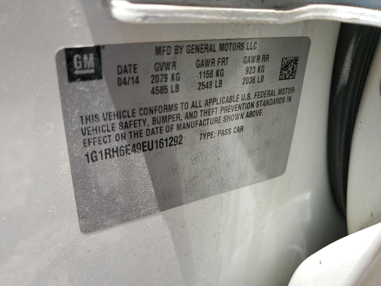 2014 Chevrolet Volt VIN: 1G1RH6E49EU161292 Lot: 54586994