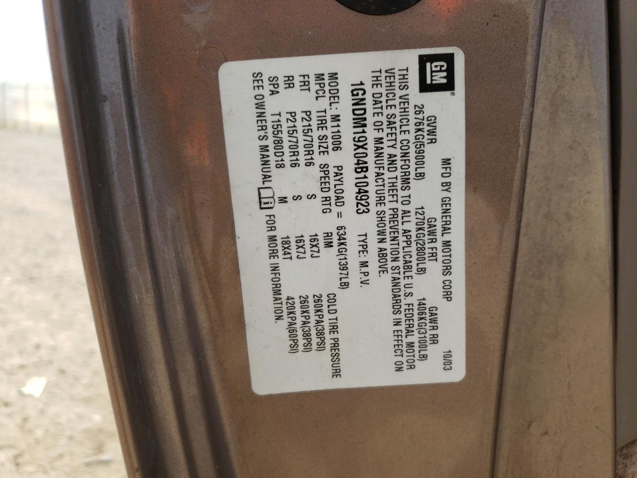 2004 Chevrolet Astro VIN: 1GNDM19X04B104923 Lot: 55742444