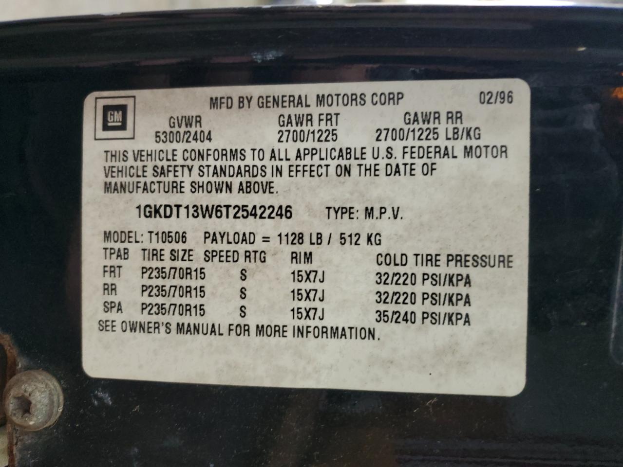 1996 GMC Jimmy VIN: 1GKDT13W6T2542246 Lot: 53525394