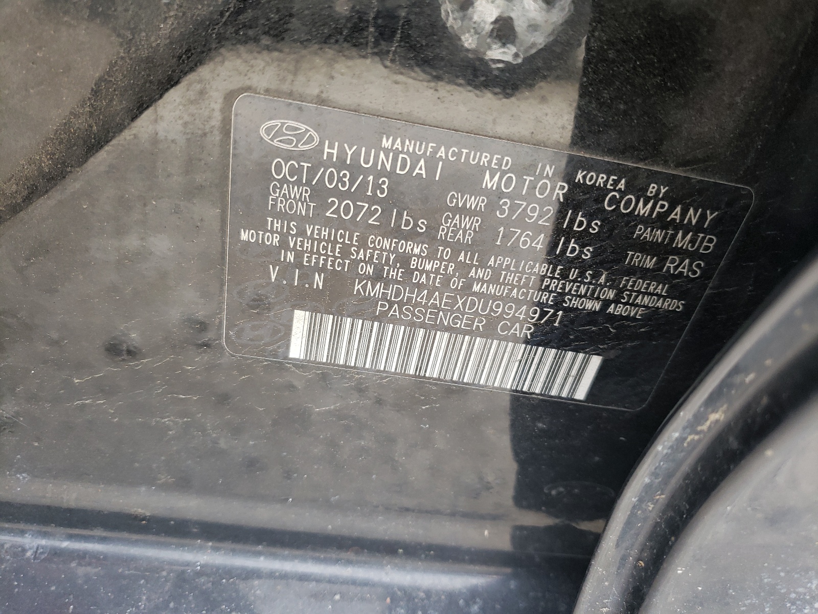 KMHDH4AEXDU994971 2013 Hyundai Elantra Gls