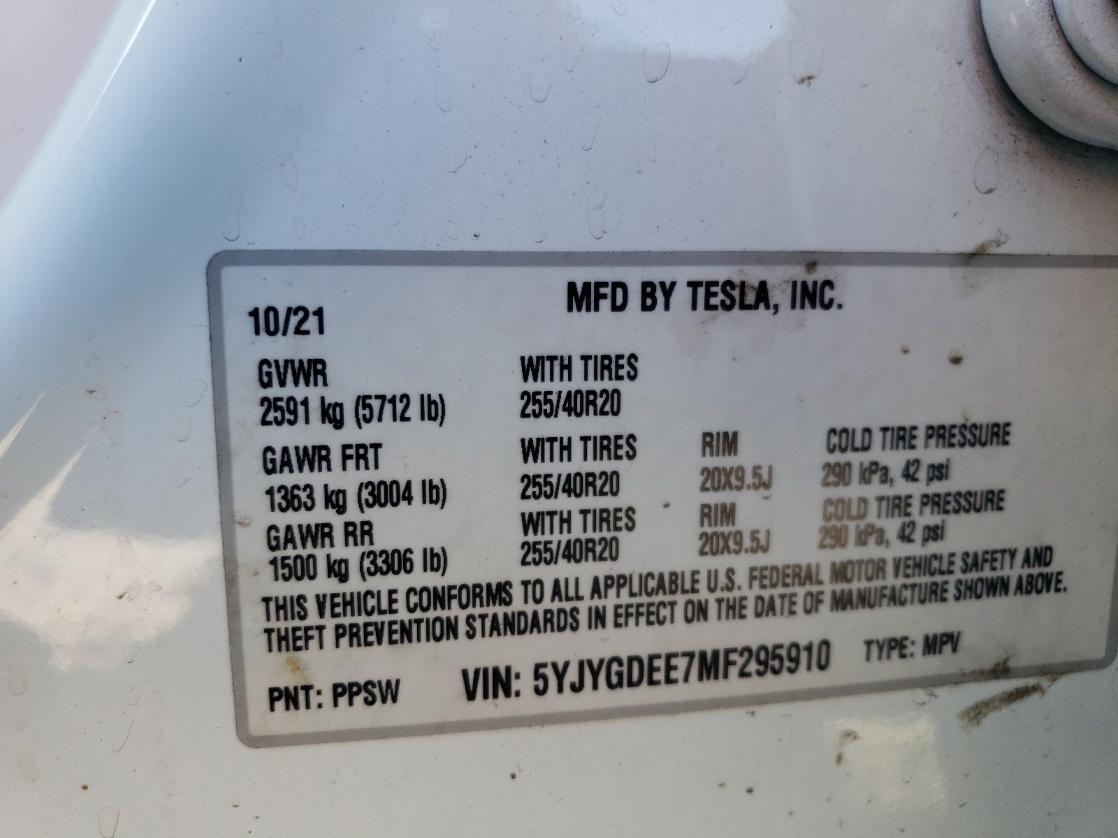 5YJYGDEE7MF295910 2021 Tesla Model Y