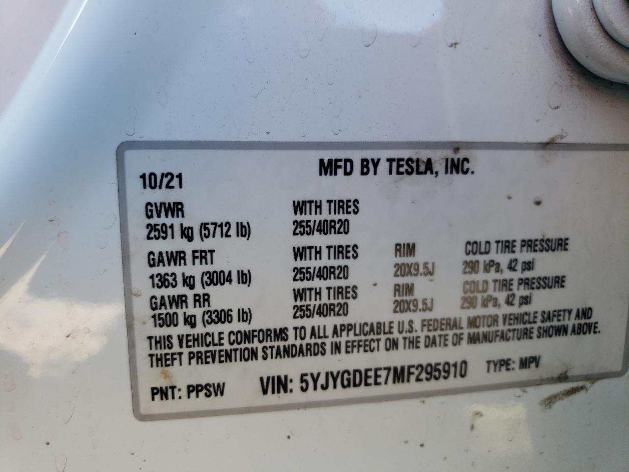 2021 Tesla Model Y VIN: 5YJYGDEE7MF295910 Lot: 55020534