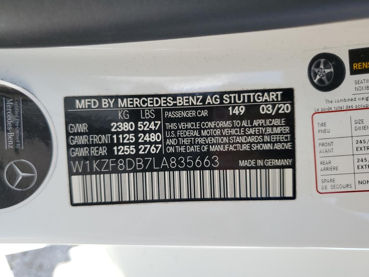 2020 Mercedes-Benz E 350 VIN: W1KZF8DB7LA835663 Lot: 57434524