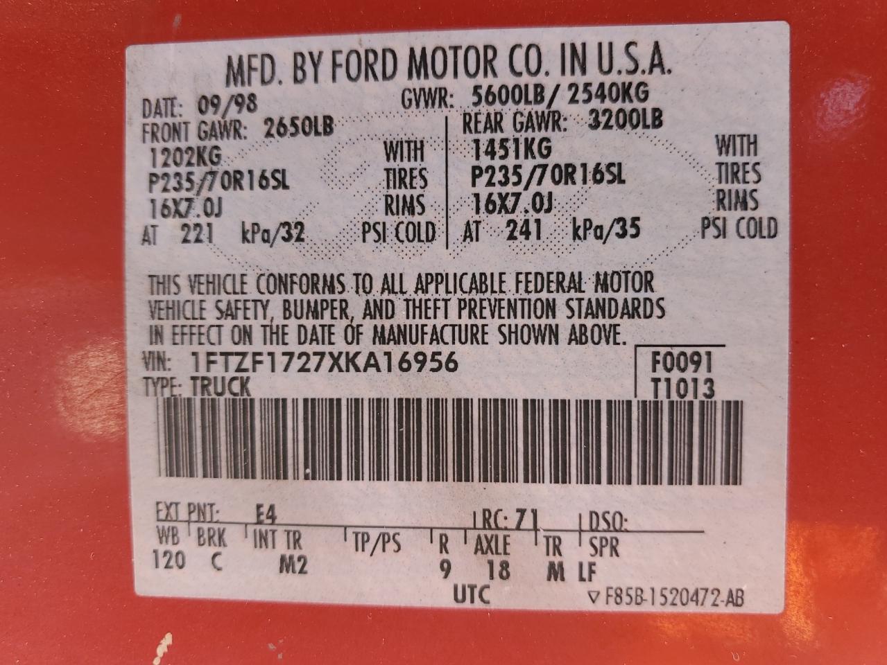 1999 Ford F150 VIN: 1FTZF1727XKA16956 Lot: 56766564