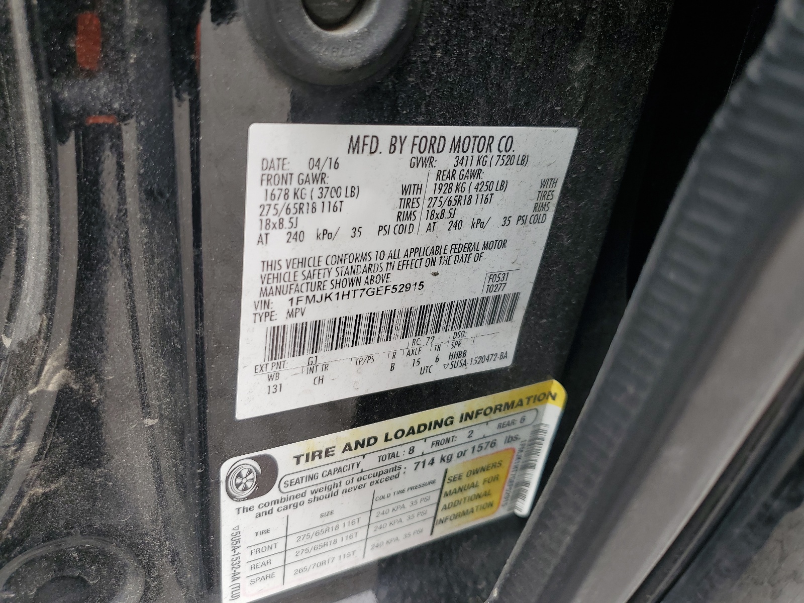 1FMJK1HT7GEF52915 2016 Ford Expedition El Xlt