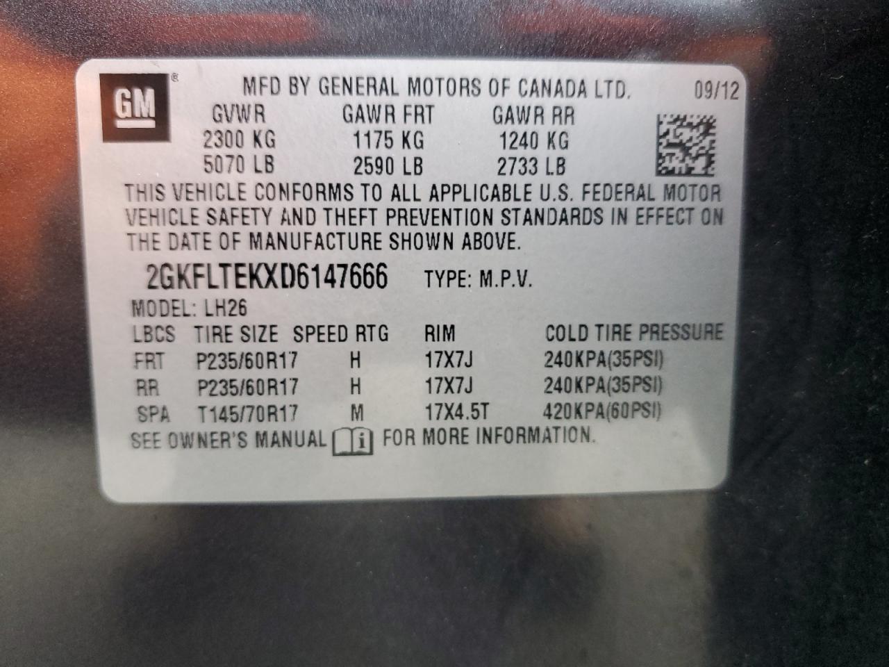 2013 GMC Terrain Sle VIN: 2GKFLTEKXD6147666 Lot: 51474954