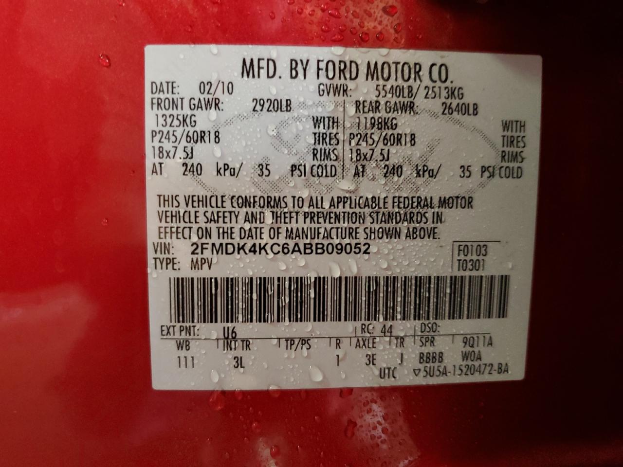 2010 Ford Edge Limited VIN: 2FMDK4KC6ABB09052 Lot: 56496754