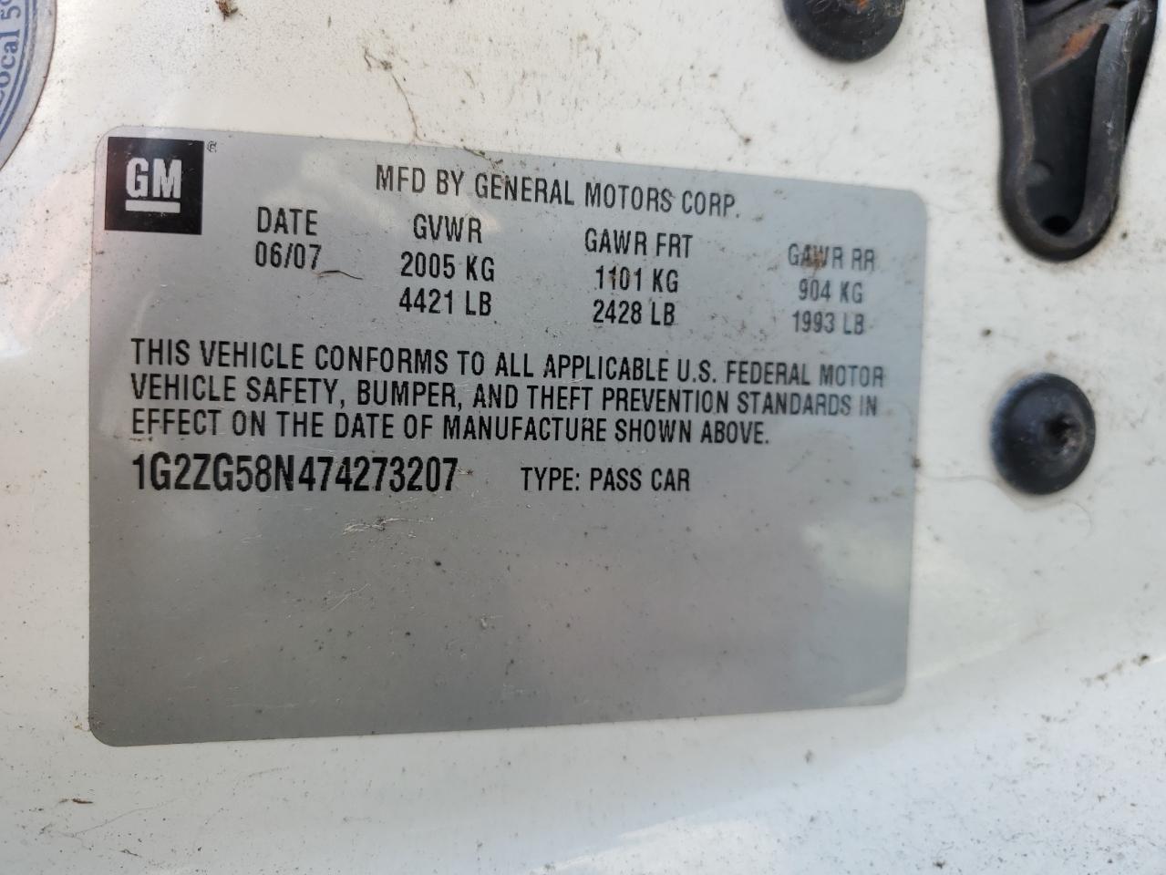 2007 Pontiac G6 Base VIN: 1G2ZG58N474273207 Lot: 87653135