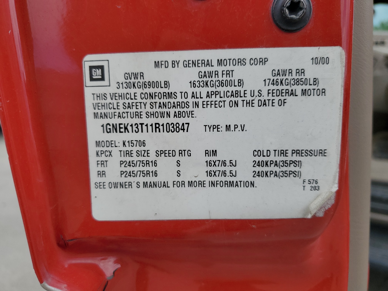 1GNEK13T11R103847 2001 Chevrolet Tahoe K1500