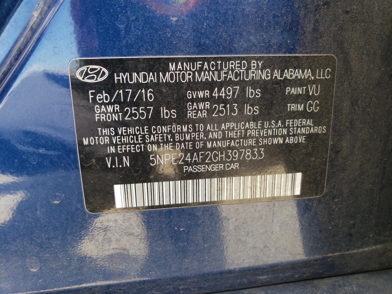 2016 Hyundai Sonata Se VIN: 5NPE24AF2GH397833 Lot: 55683834