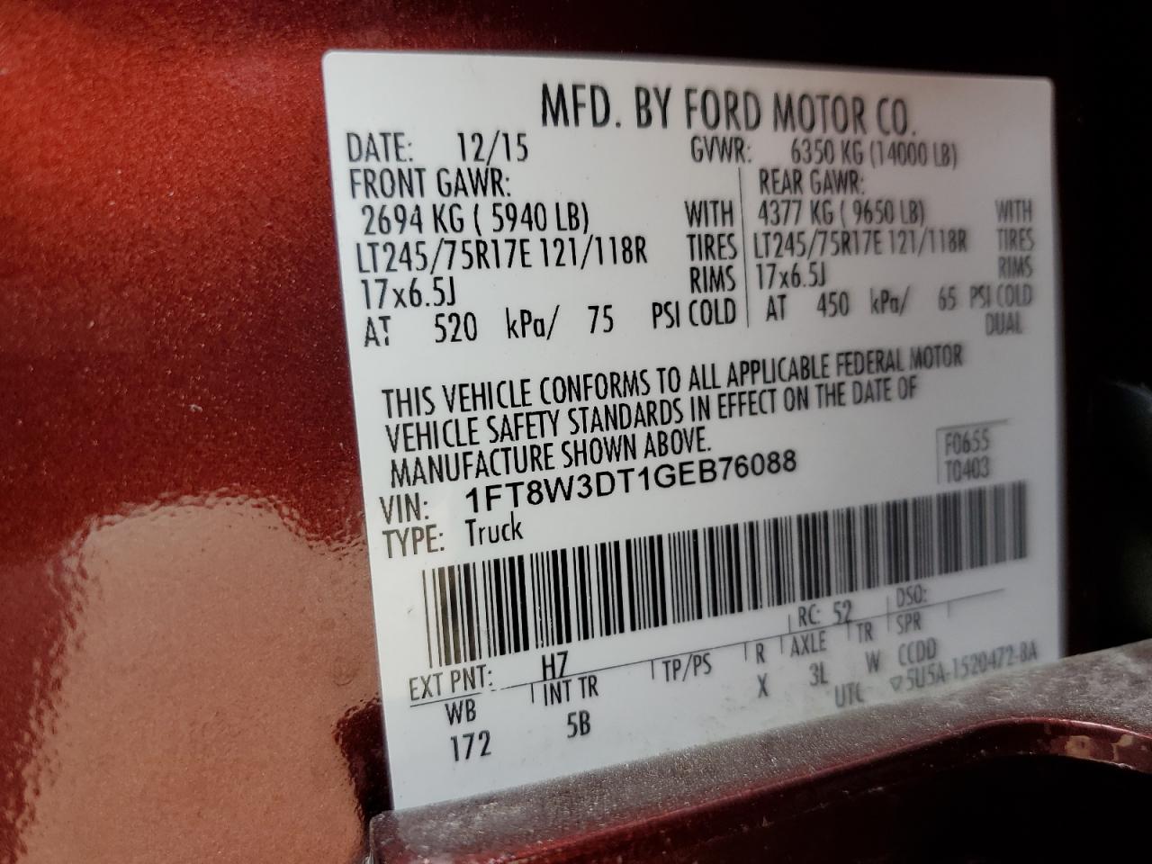 2016 Ford F350 Super Duty VIN: 1FT8W3DT1GEB76088 Lot: 53427954