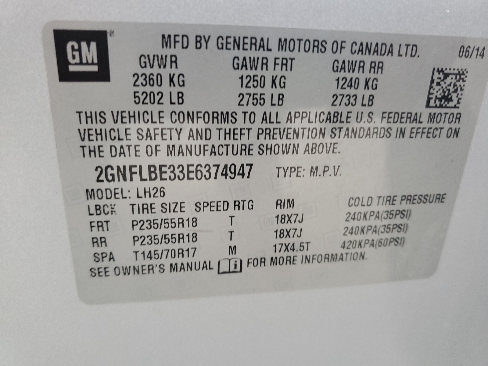 2014 Chevrolet Equinox Lt vin: 2GNFLBE33E6374947