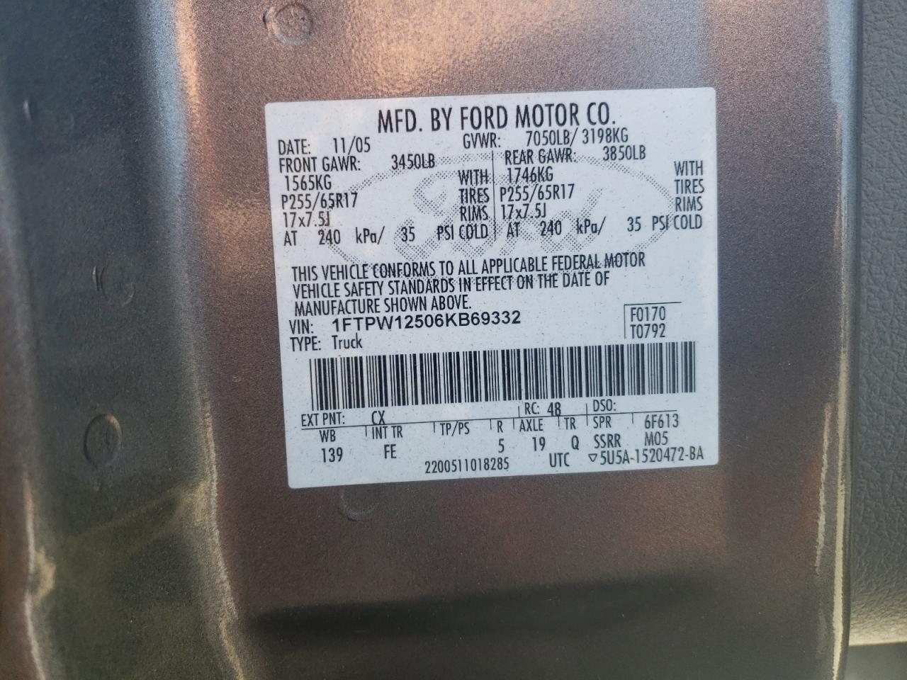 2006 Ford F150 Supercrew VIN: 1FTPW12506KB69332 Lot: 52027344