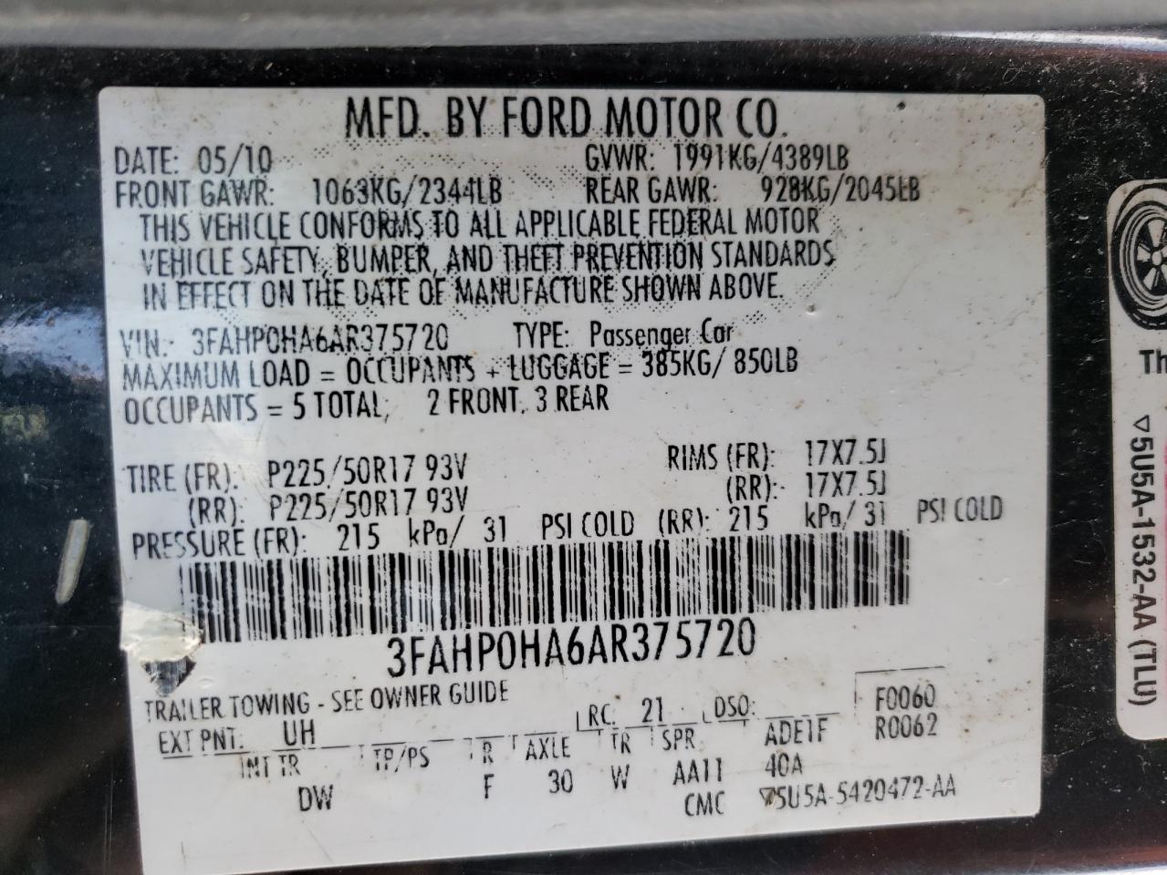 2010 Ford Fusion Se VIN: 3FAHP0HA6AR375720 Lot: 54956004