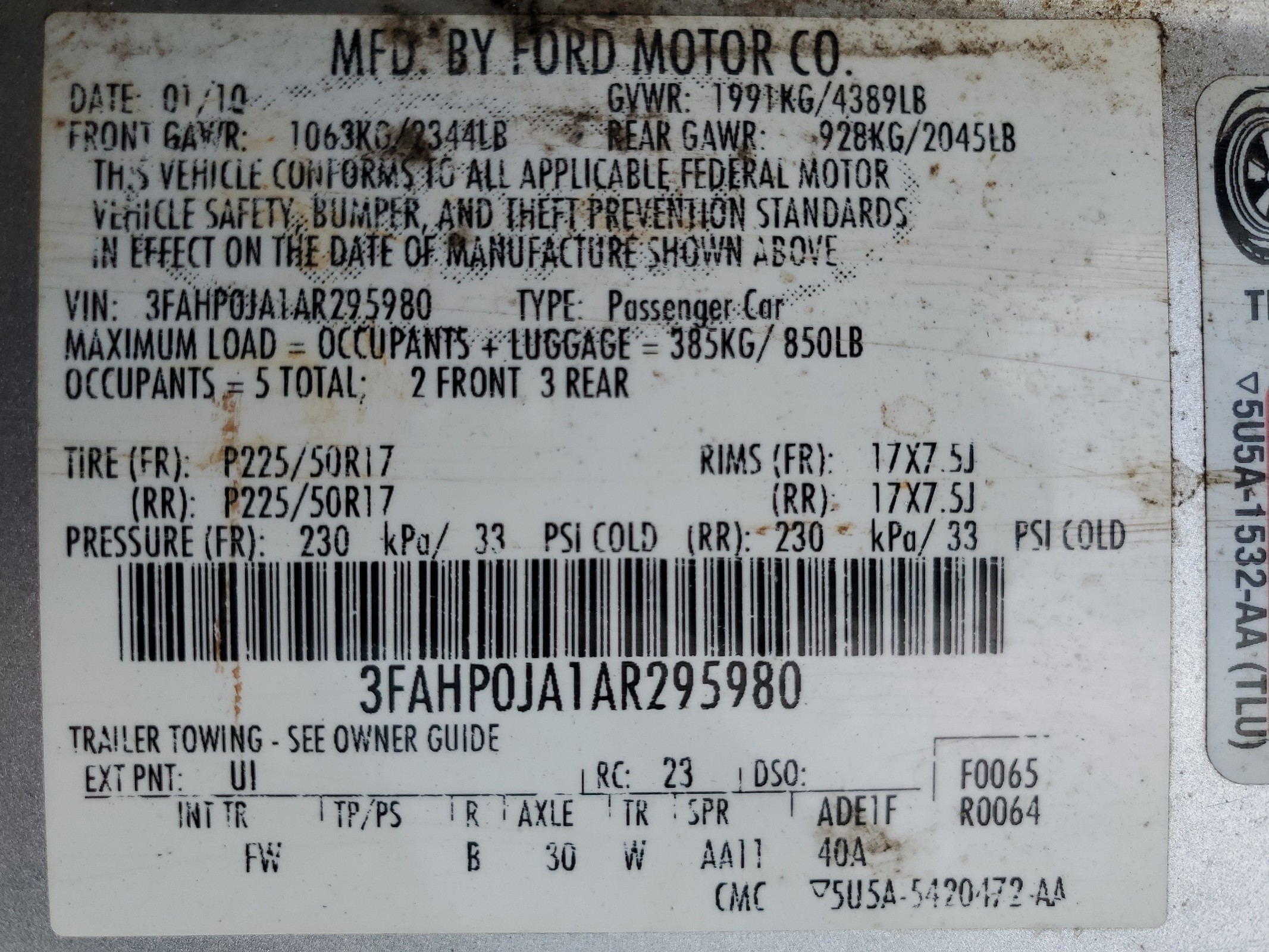 3FAHP0JA1AR295980 2010 Ford Fusion Sel