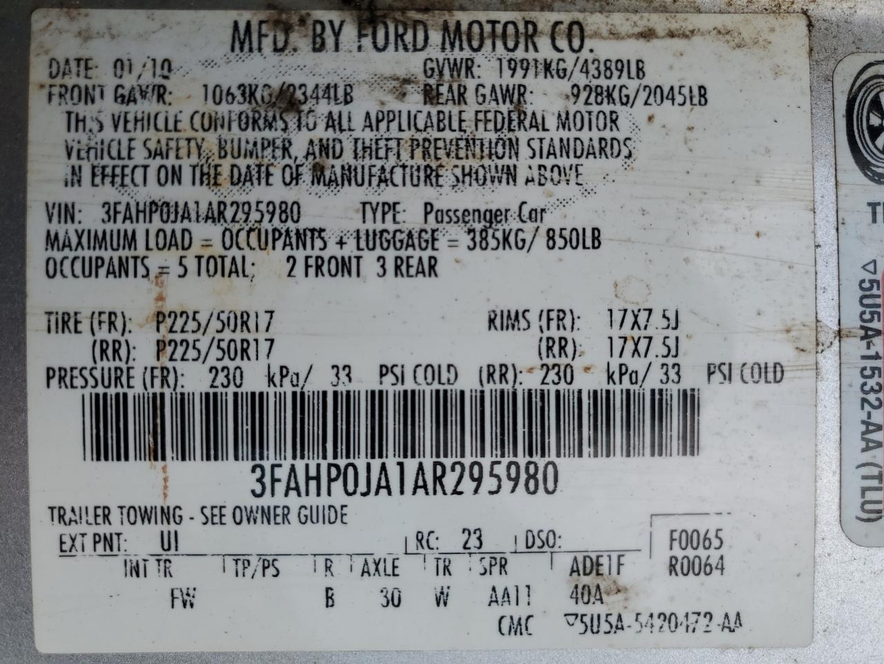 2010 Ford Fusion Sel VIN: 3FAHP0JA1AR295980 Lot: 54212374