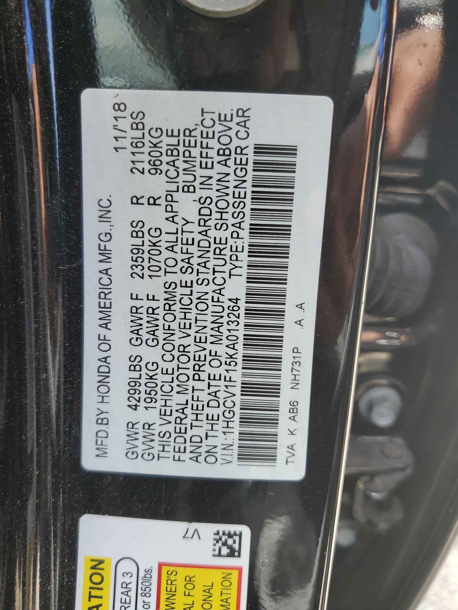 2019 Honda Accord Lx vin: 1HGCV1F15KA013264