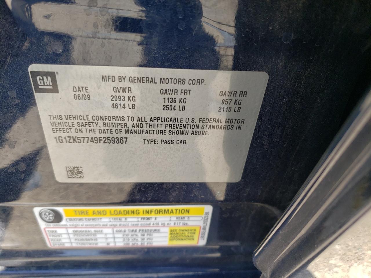 2009 Chevrolet Malibu Ltz VIN: 1G1ZK57749F259367 Lot: 55743524