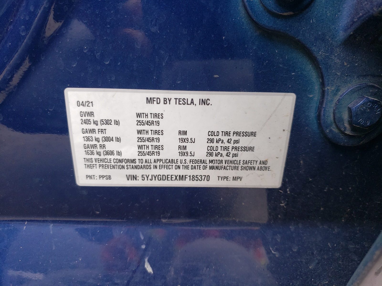 5YJYGDEEXMF185370 2021 Tesla Model Y