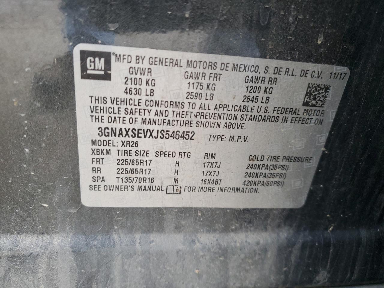 3GNAXSEVXJS546452 2018 Chevrolet Equinox Lt