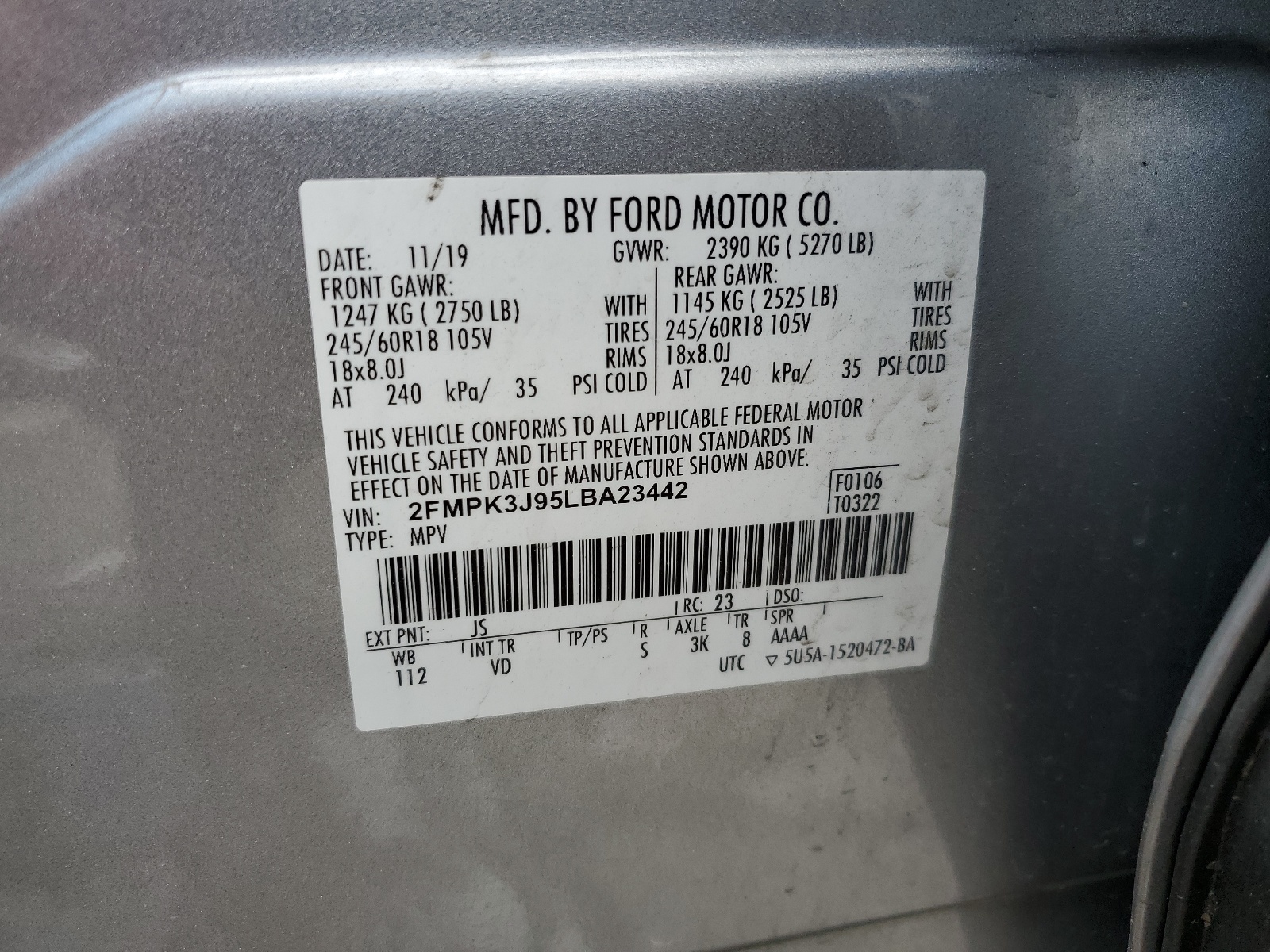 2FMPK3J95LBA23442 2020 Ford Edge Sel