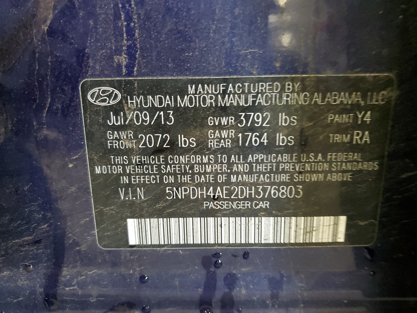 5NPDH4AE2DH376803 2013 Hyundai Elantra Gls