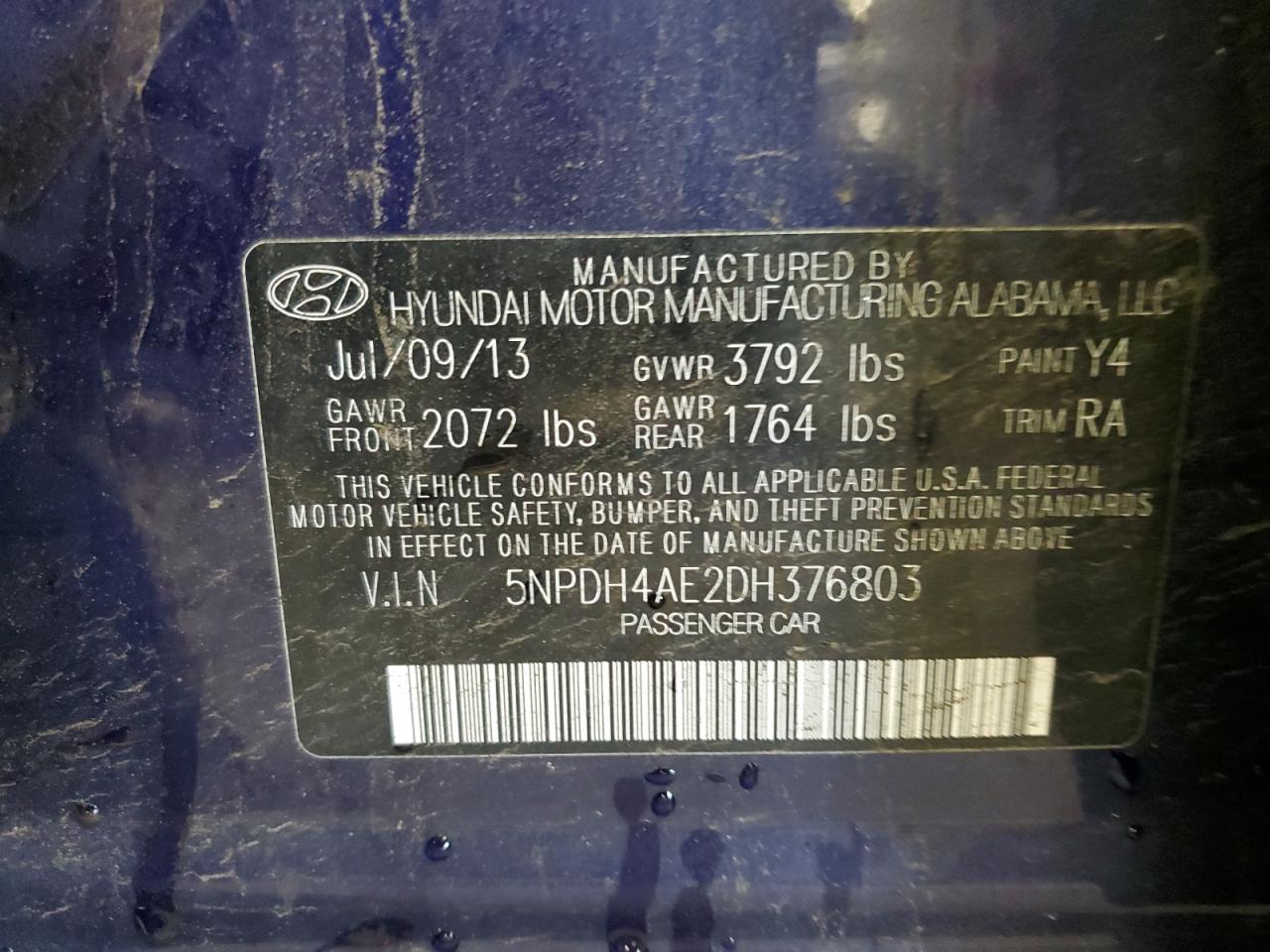 2013 Hyundai Elantra Gls VIN: 5NPDH4AE2DH376803 Lot: 56419714