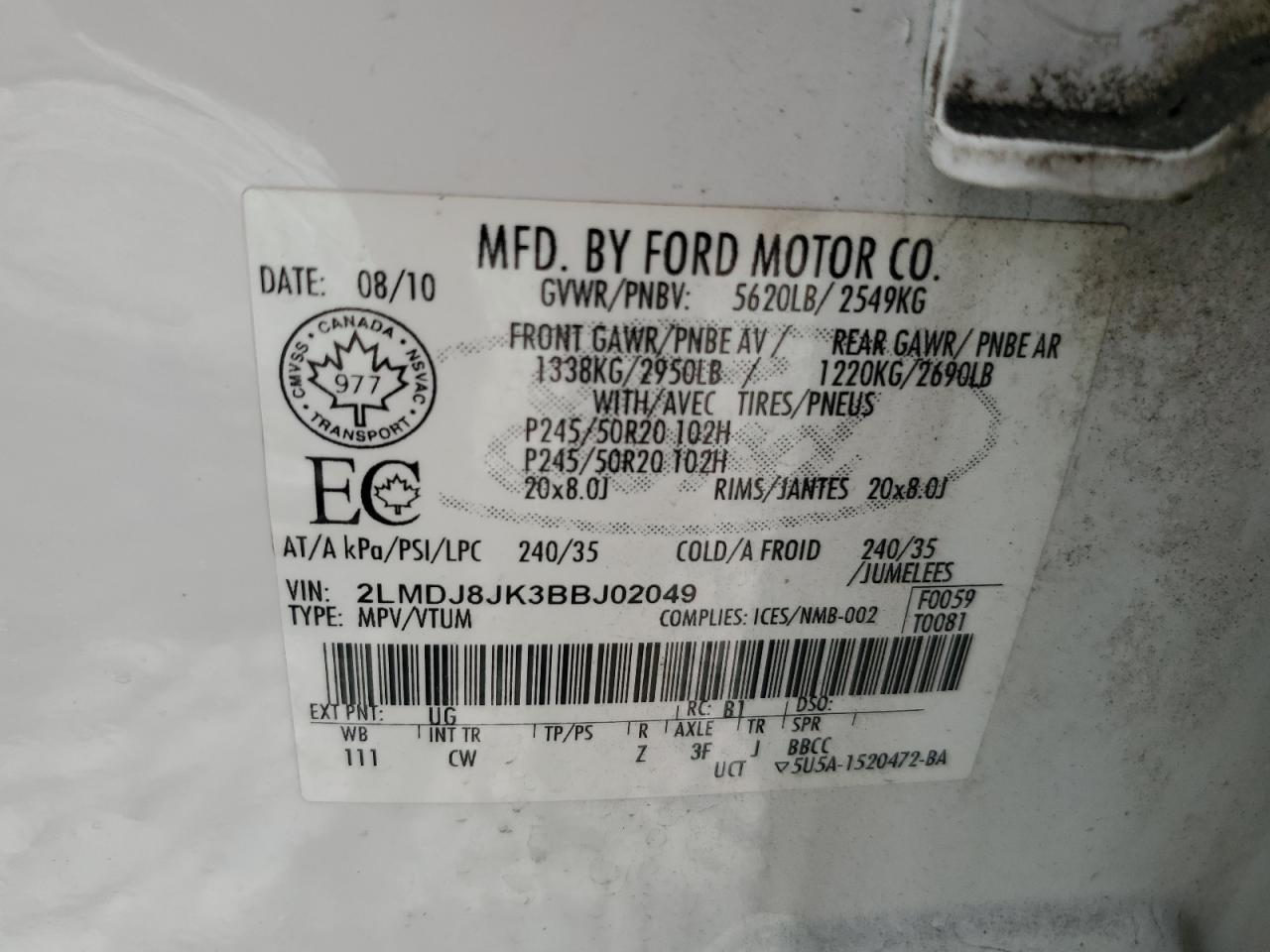 2011 Lincoln Mkx VIN: 2LMDJ8JK3BBJ02049 Lot: 54056195