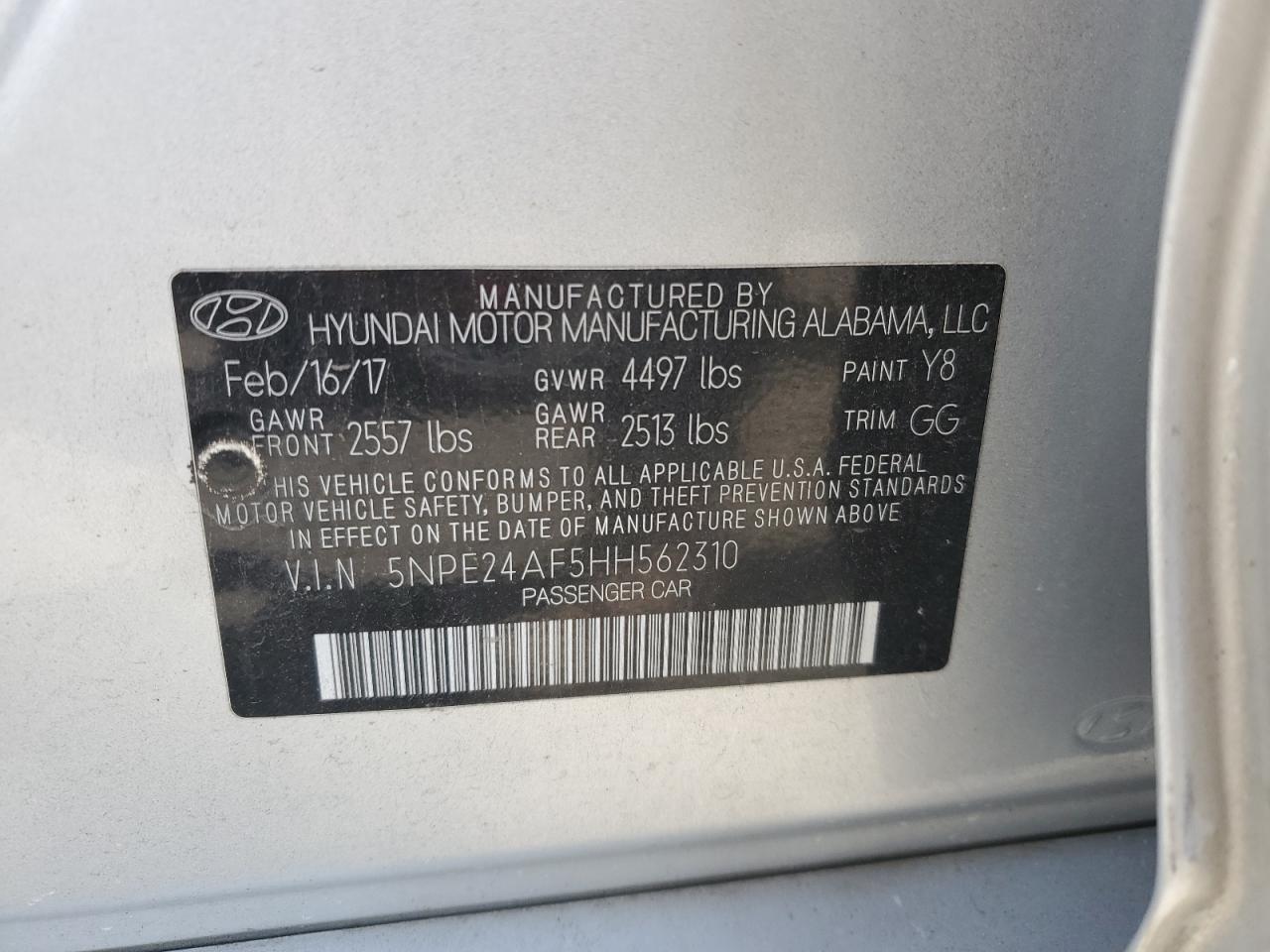 VIN 5NPE24AF5HH562310 2017 HYUNDAI SONATA no.13