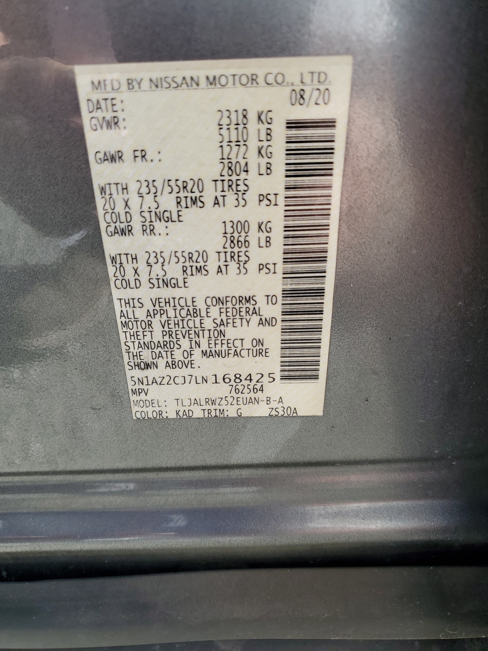 5N1AZ2CJ7LN168425 2020 Nissan Murano Sl