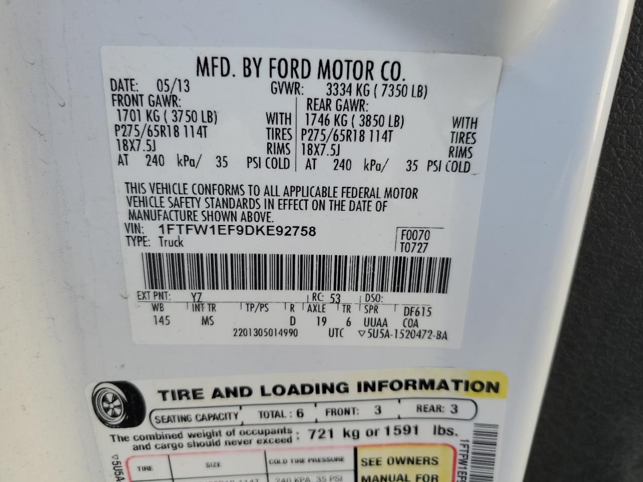 2013 Ford F150 Supercrew VIN: 1FTFW1EF9DKE92758 Lot: 56054174