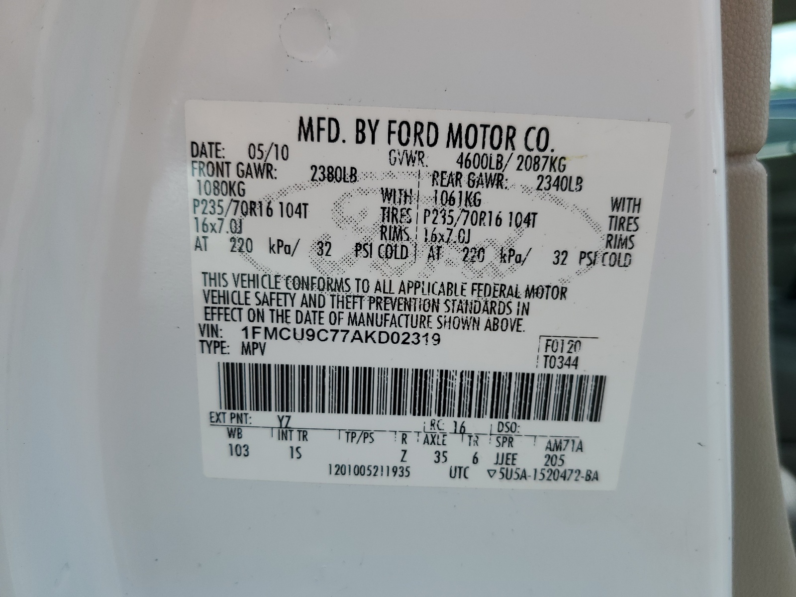 1FMCU9C77AKD02319 2010 Ford Escape Xls