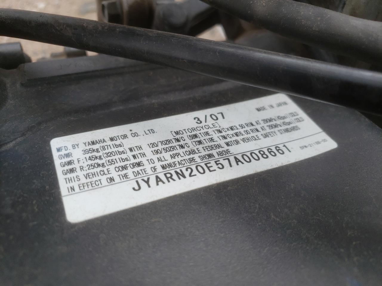 2007 Yamaha Yzfr1 VIN: JYARN20E57A008661 Lot: 52741214