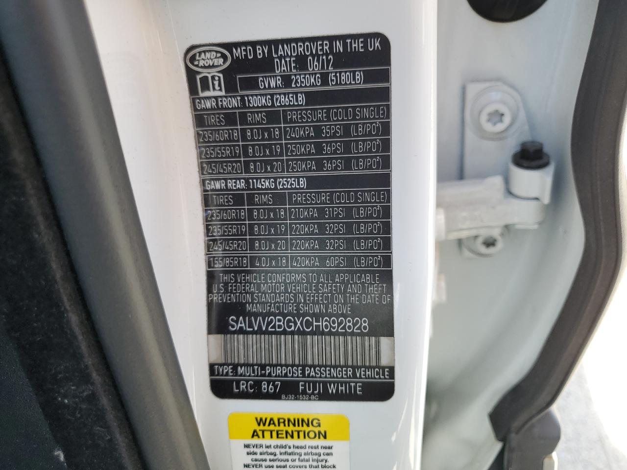 2012 Land Rover Range Rover Evoque Prestige Premium VIN: SALVV2BGXCH692828 Lot: 56562664