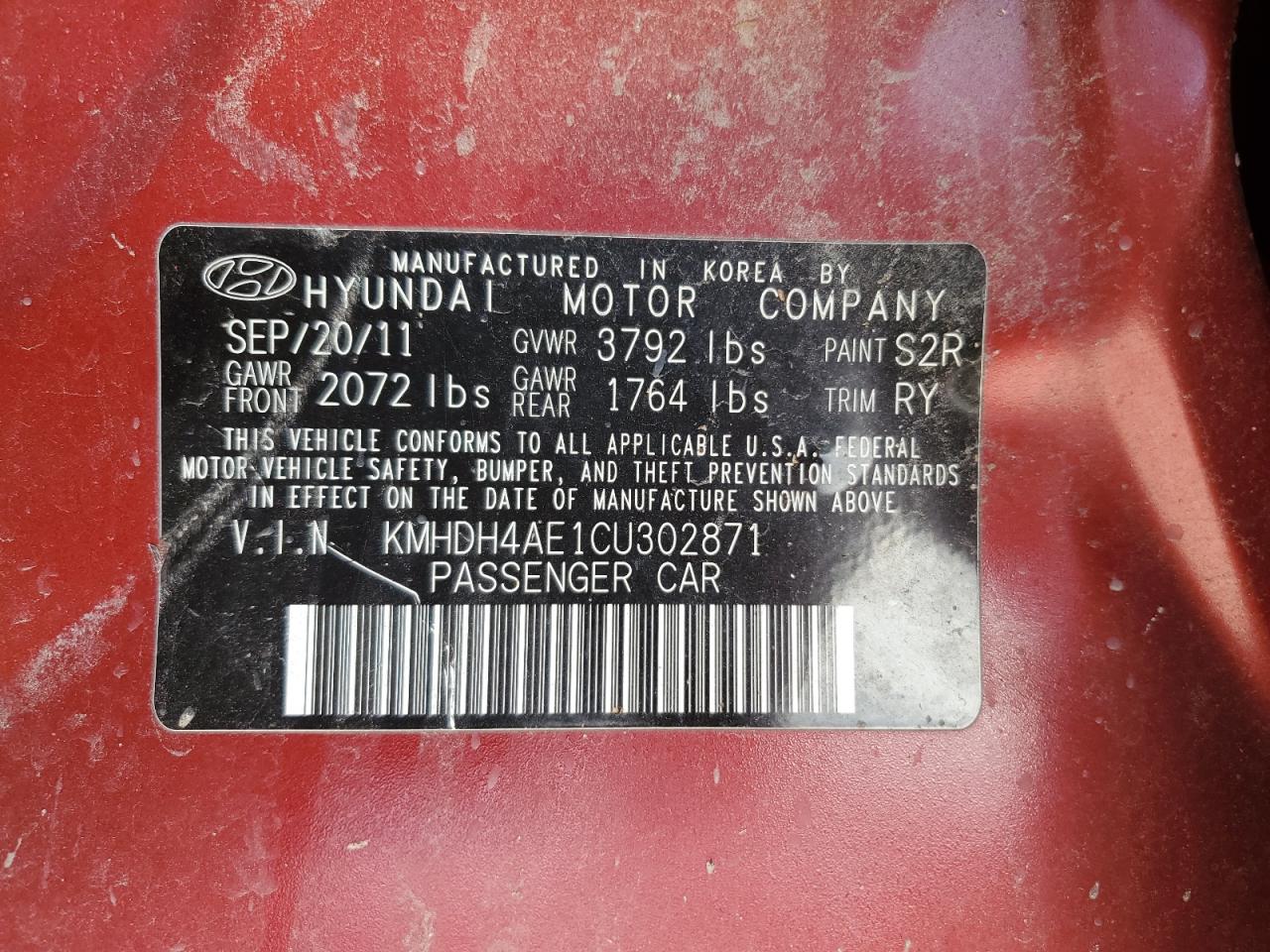 2012 Hyundai Elantra Gls VIN: KMHDH4AE1CU302871 Lot: 56404584