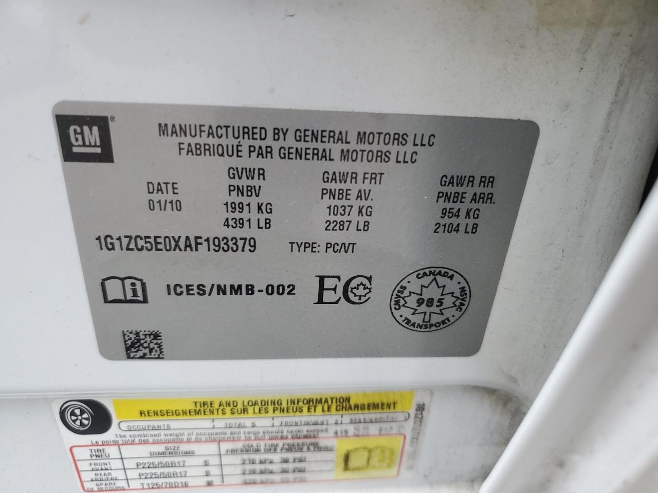 2010 Chevrolet Malibu 1Lt VIN: 1G1ZC5E0XAF193379 Lot: 56458594