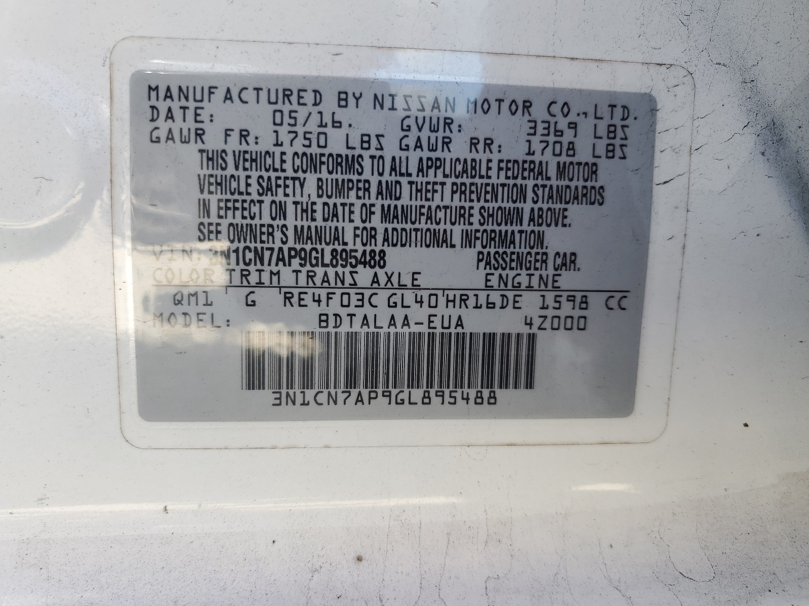 3N1CN7AP9GL895488 2016 Nissan Versa S