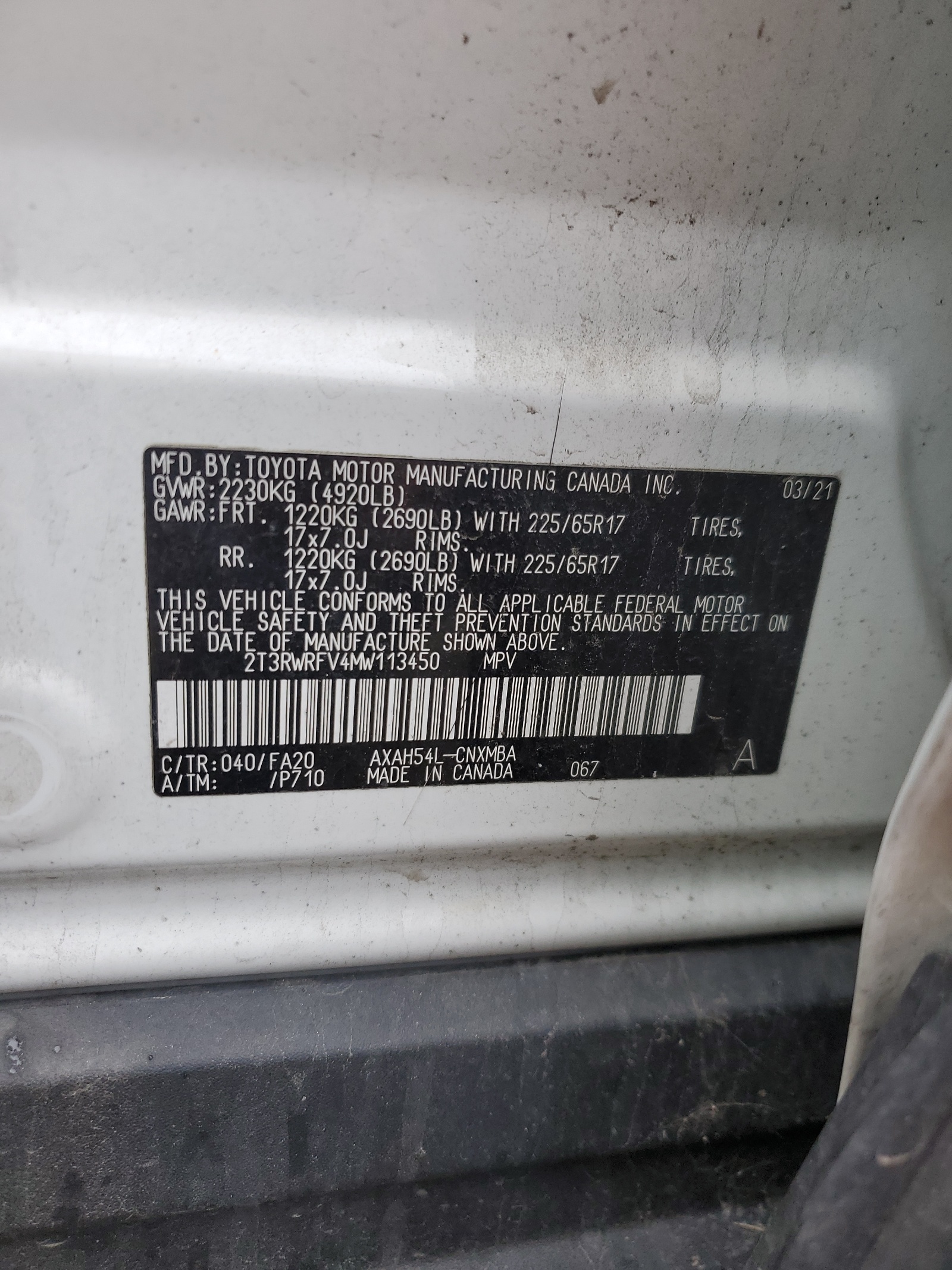 2T3RWRFV4MW113450 2021 Toyota Rav4 Xle