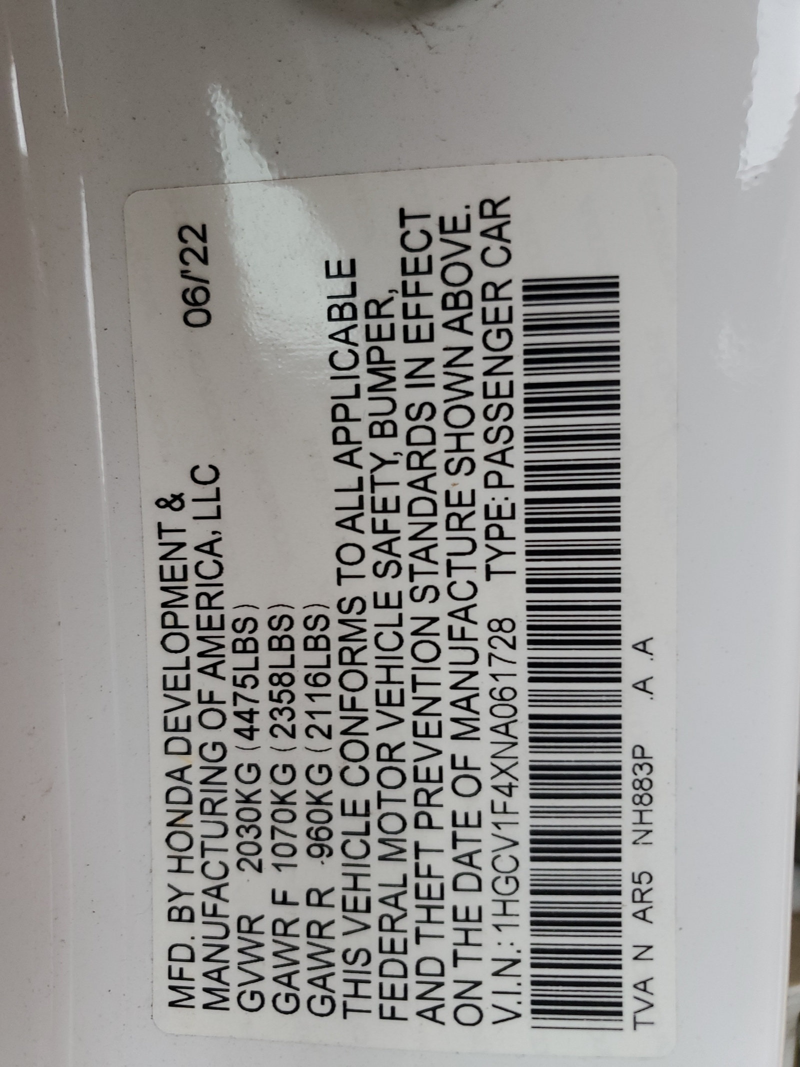 1HGCV1F4XNA061728 2022 Honda Accord Sport Se