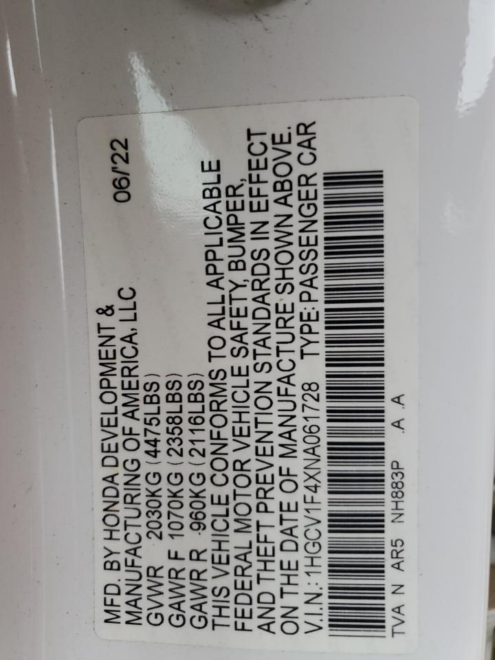 2022 Honda Accord Sport Se VIN: 1HGCV1F4XNA061728 Lot: 57040894