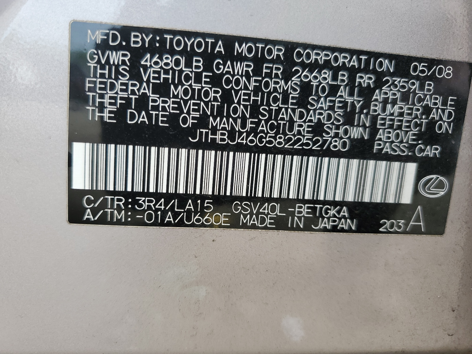 JTHBJ46G582252780 2008 Lexus Es 350