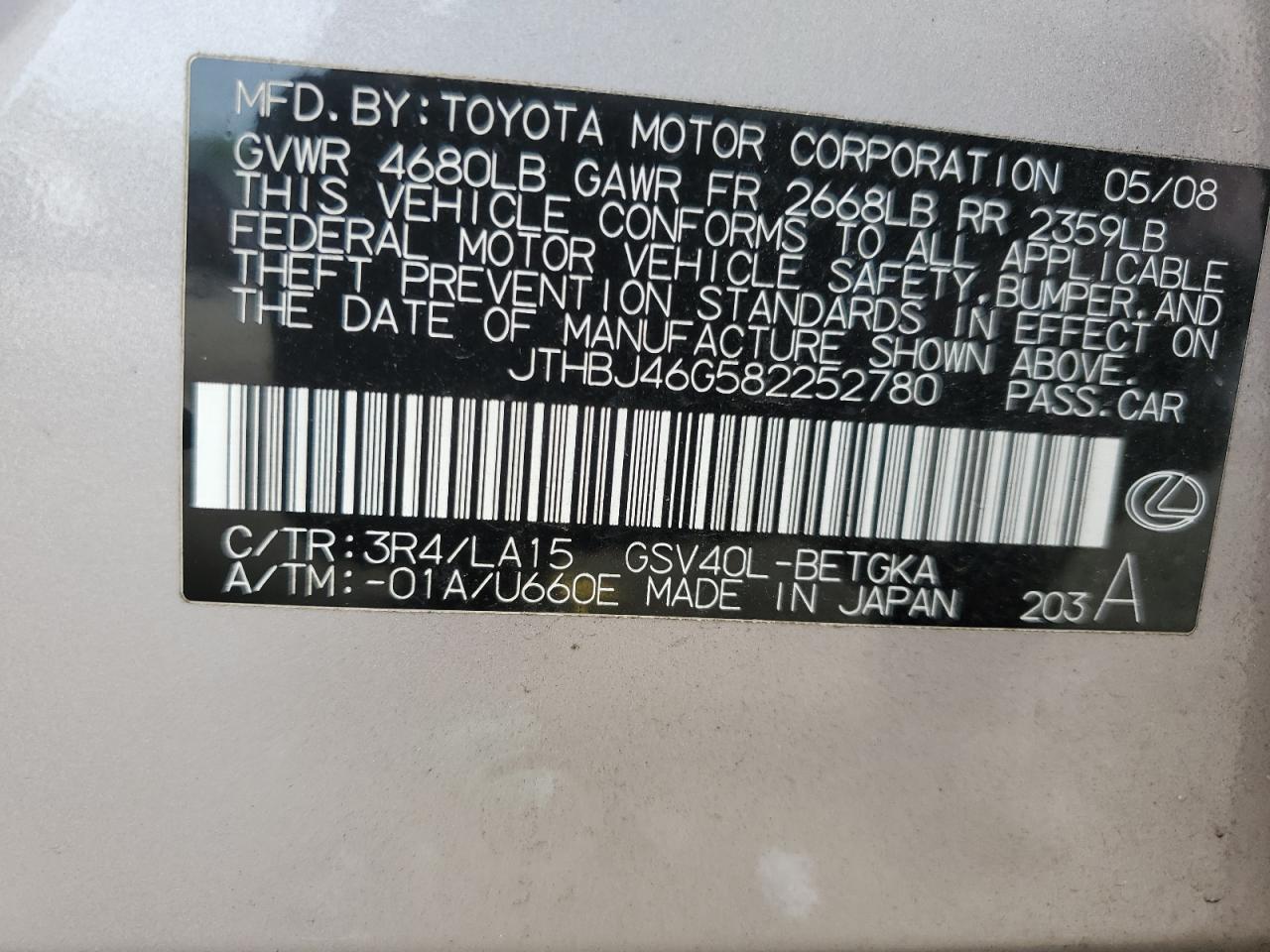 2008 Lexus Es 350 VIN: JTHBJ46G582252780 Lot: 54295864