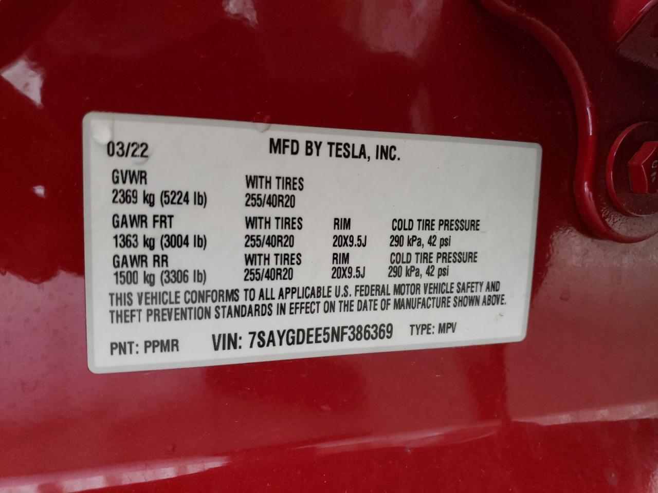 7SAYGDEE5NF386369 2022 Tesla Model Y