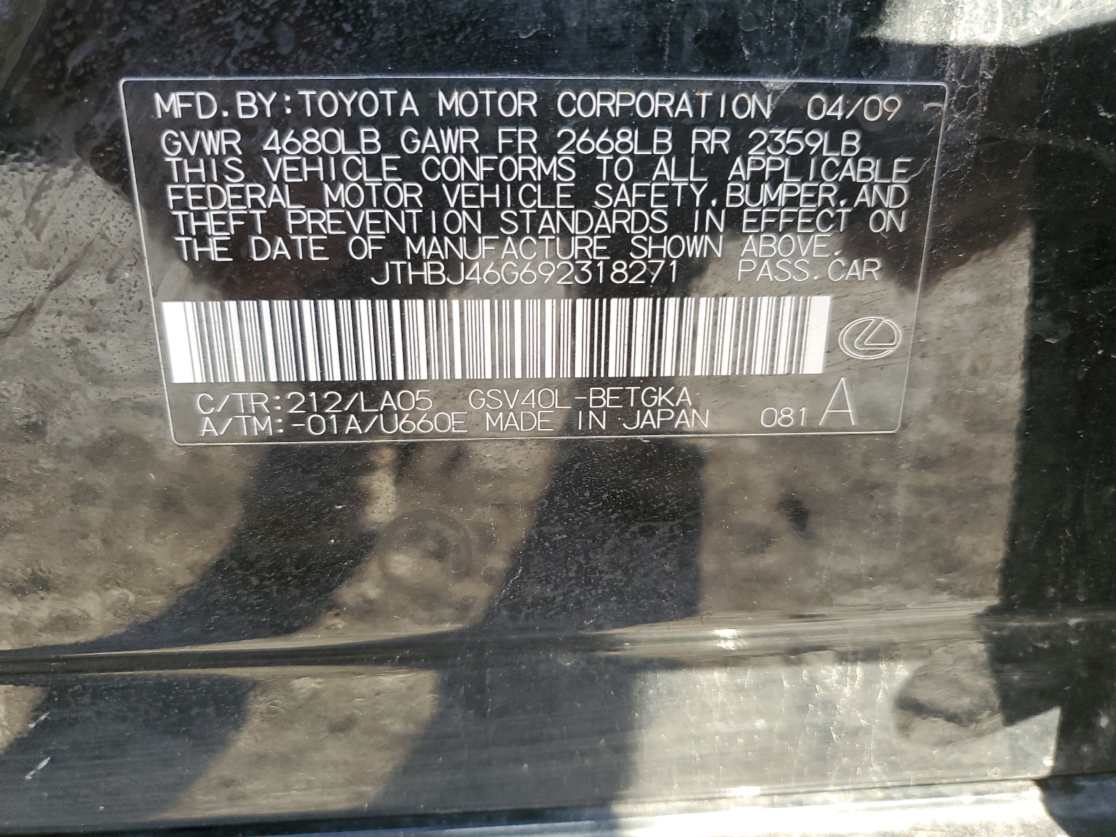 JTHBJ46G692318271 2009 Lexus Es 350