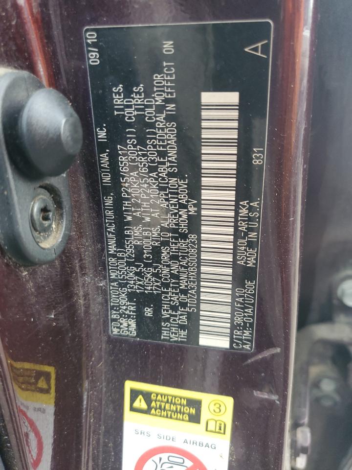 2011 Toyota Highlander Base VIN: 5TDZA3EHXBS008238 Lot: 54258084