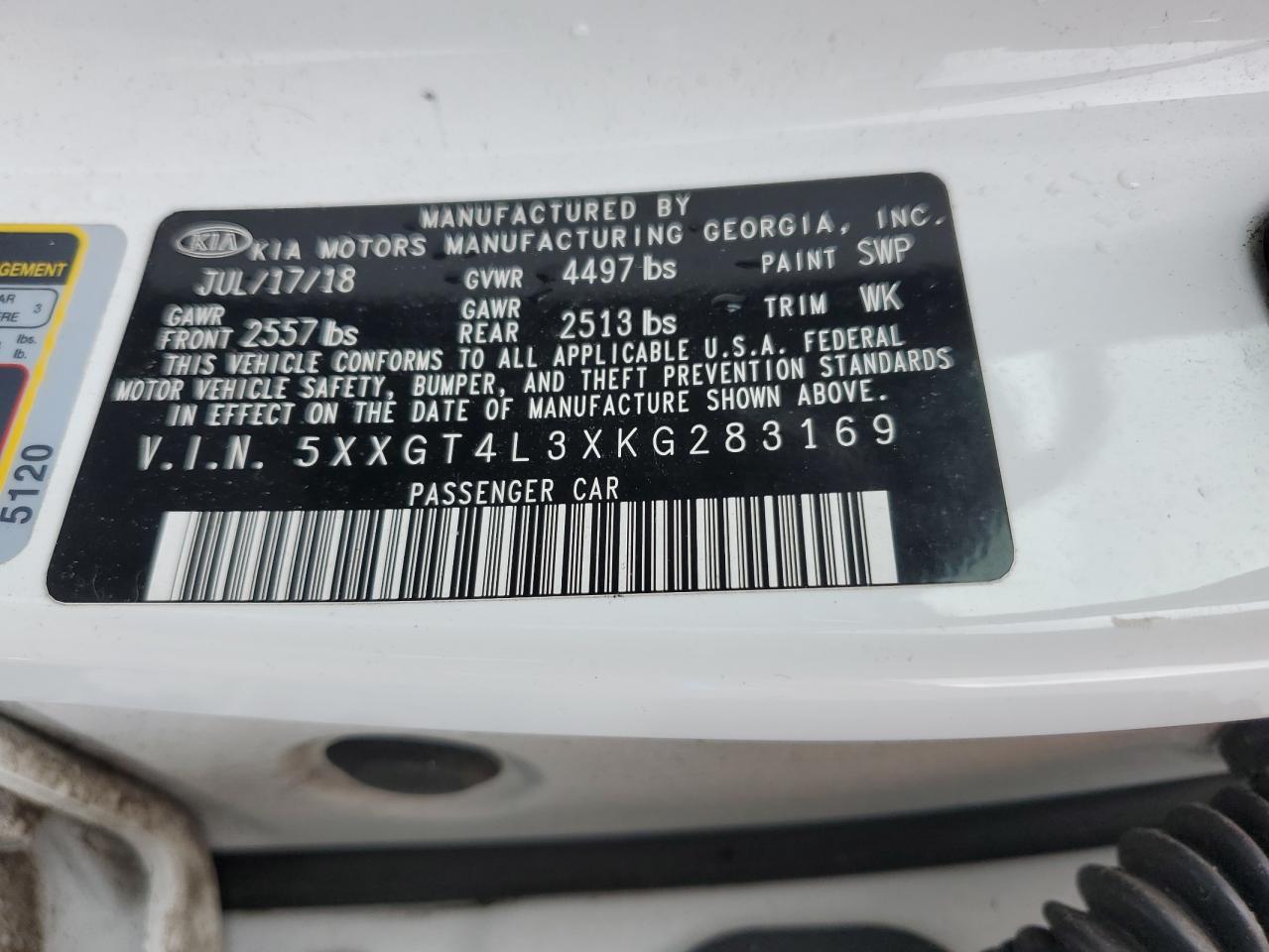 5XXGT4L3XKG283169 2019 Kia Optima Lx