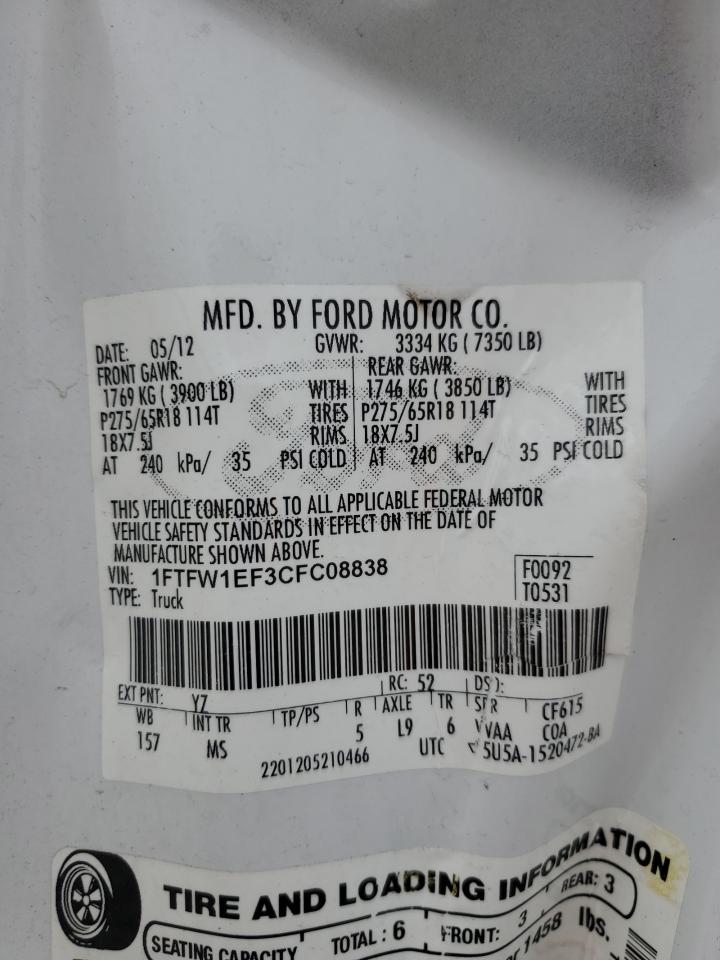 2012 Ford F150 Supercrew VIN: 1FTFW1EF3CFC08838 Lot: 55881814