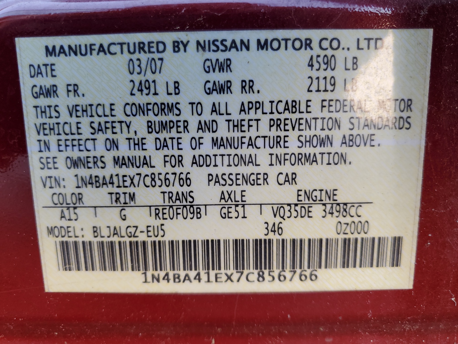 1N4BA41EX7C856766 2007 Nissan Maxima Se