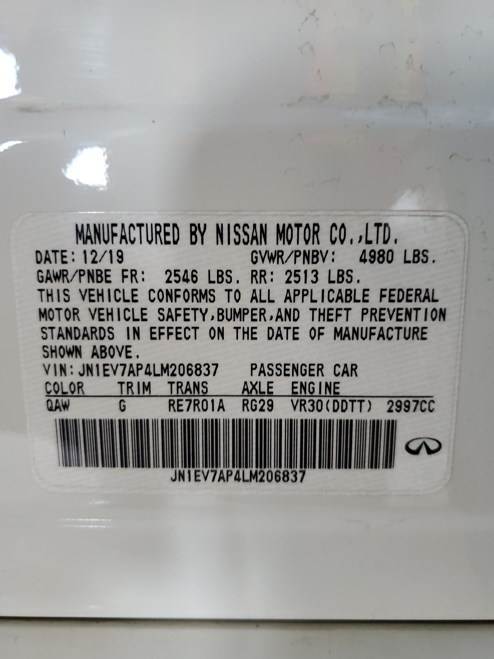 JN1EV7AP4LM206837 2020 Infiniti Q50 Pure