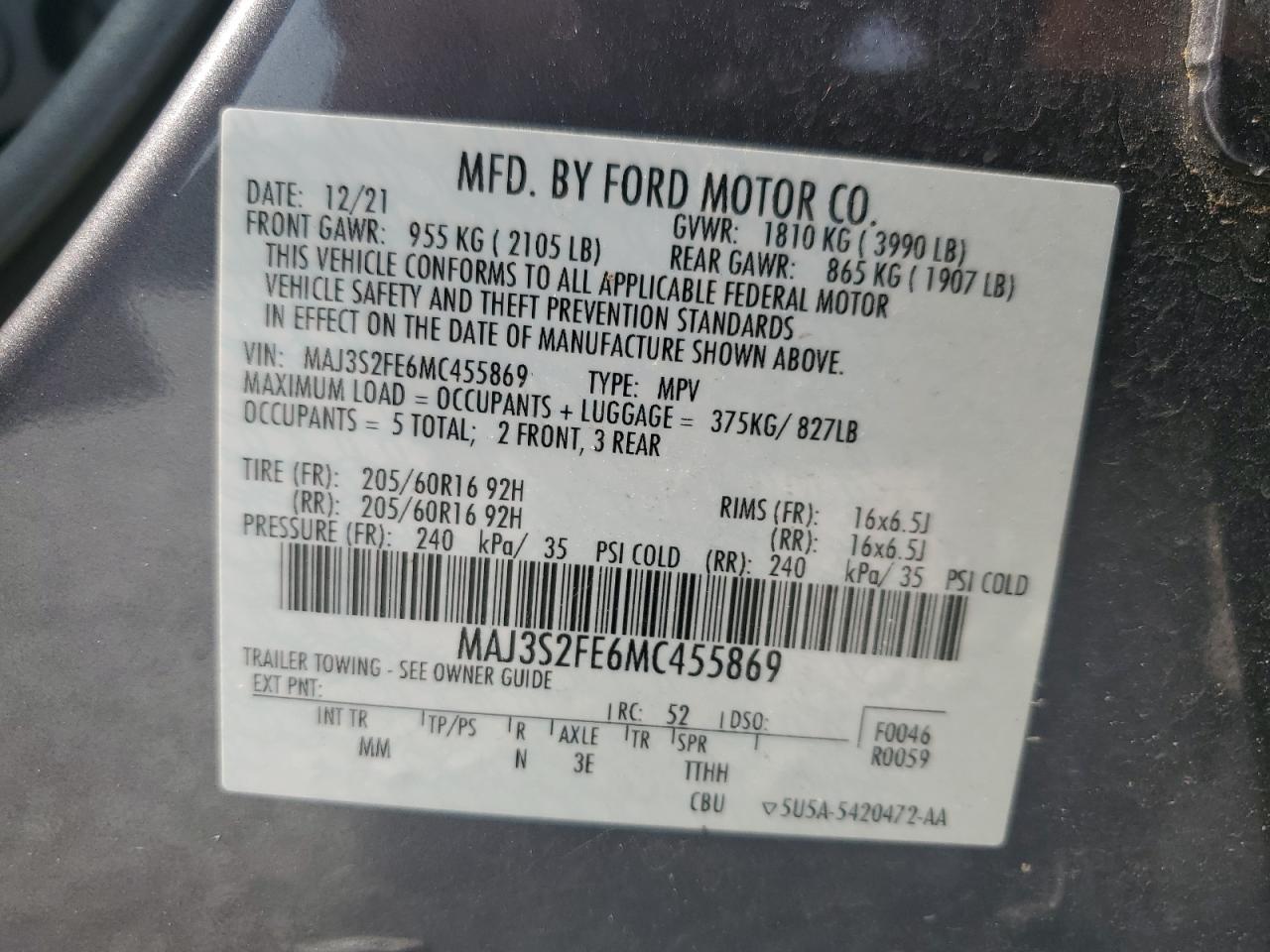 2021 Ford Ecosport S VIN: MAJ3S2FE6MC455869 Lot: 55849734